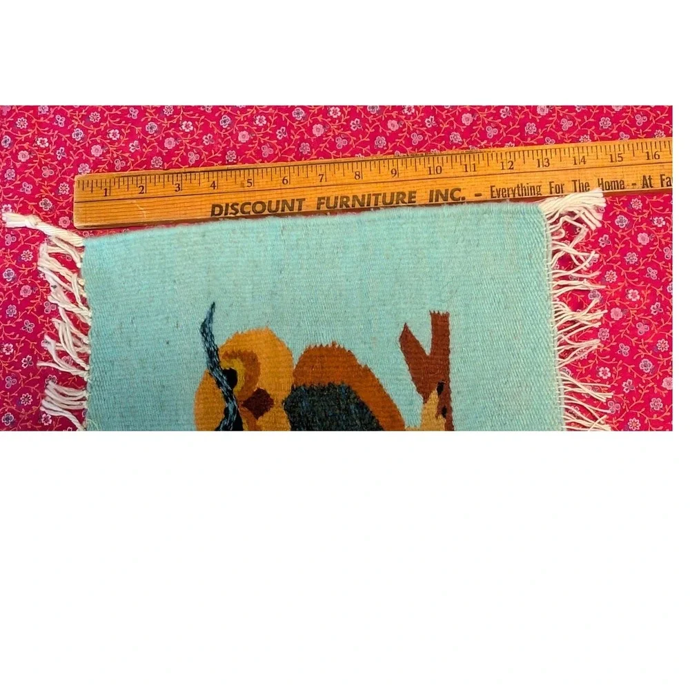 Hand Woven Wool Owl Tapestry Wall Hanging Tapestry Fiber Art Turquoise Boho MCM‎